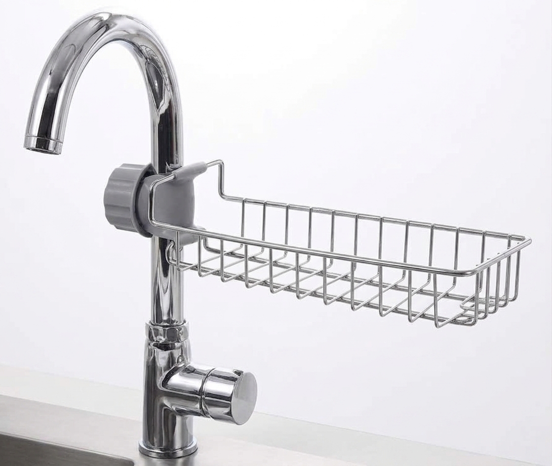 Spinfluencs Stainless Steel Adjusting Multifunctional Over Kitchen Sink Caddy Clamp Faucet Sponge Scrubber Holder Storage Hanging Shelf Draining Bathroom Tap Shampoo Soap Organizer Rack