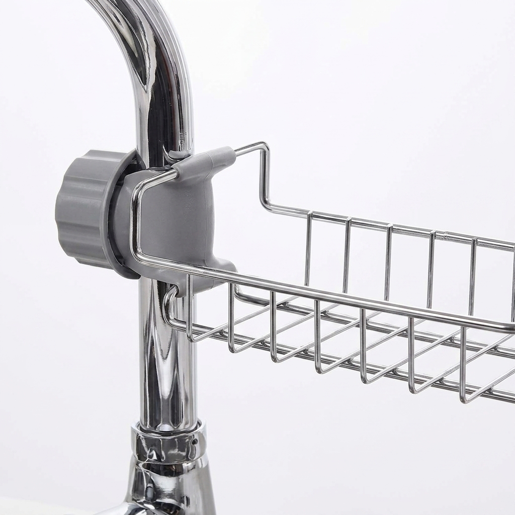 Spinfluencs Stainless Steel Adjusting Multifunctional Over Kitchen Sink Caddy Clamp Faucet Sponge Scrubber Holder Storage Hanging Shelf Draining Bathroom Tap Shampoo Soap Organizer Rack