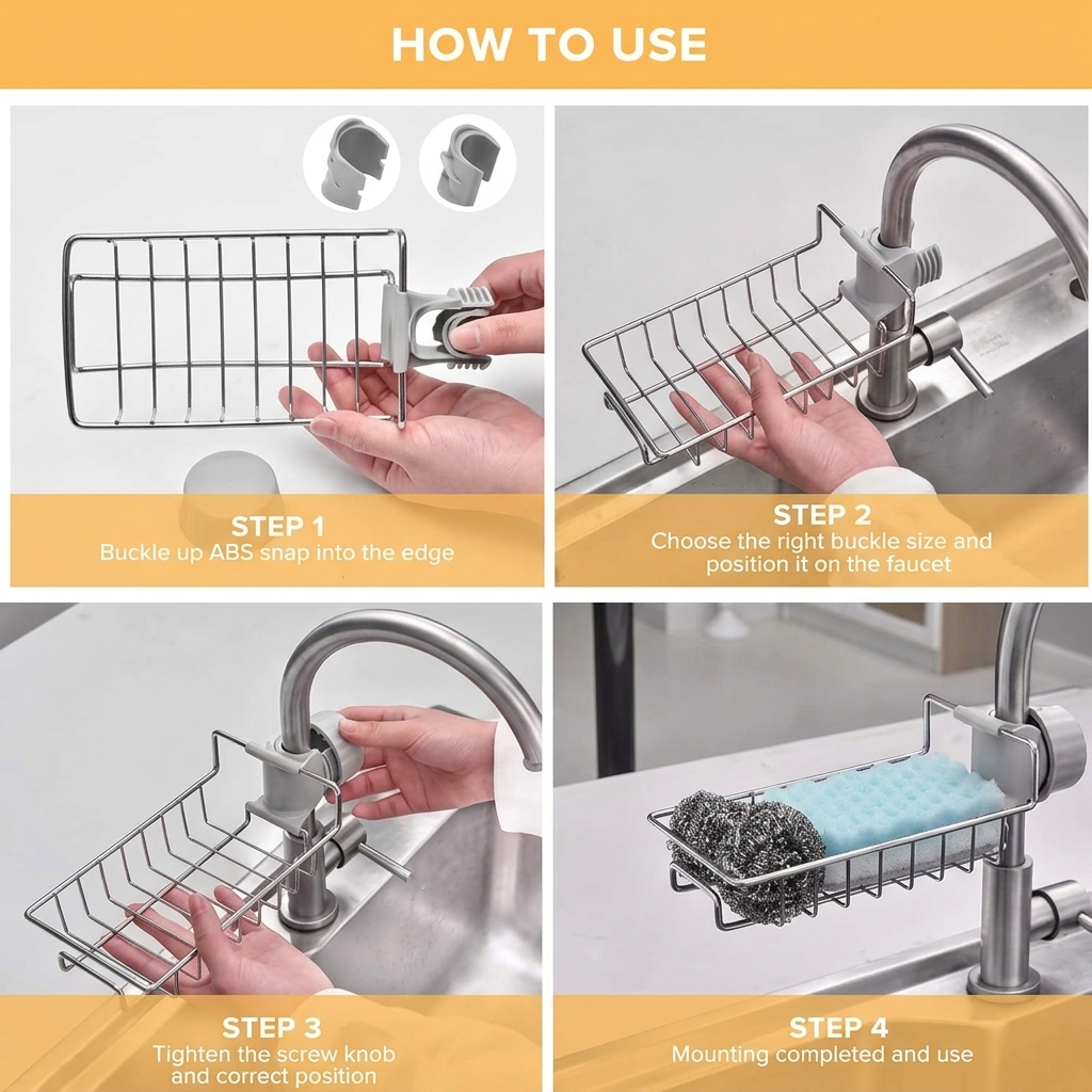 Spinfluencs Stainless Steel Adjusting Multifunctional Over Kitchen Sink Caddy Clamp Faucet Sponge Scrubber Holder Storage Hanging Shelf Draining Bathroom Tap Shampoo Soap Organizer Rack