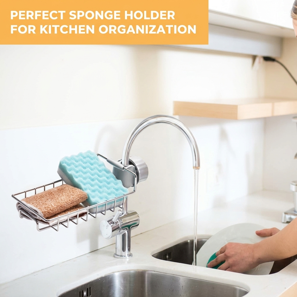 Spinfluencs Stainless Steel Adjusting Multifunctional Over Kitchen Sink Caddy Clamp Faucet Sponge Scrubber Holder Storage Hanging Shelf Draining Bathroom Tap Shampoo Soap Organizer Rack